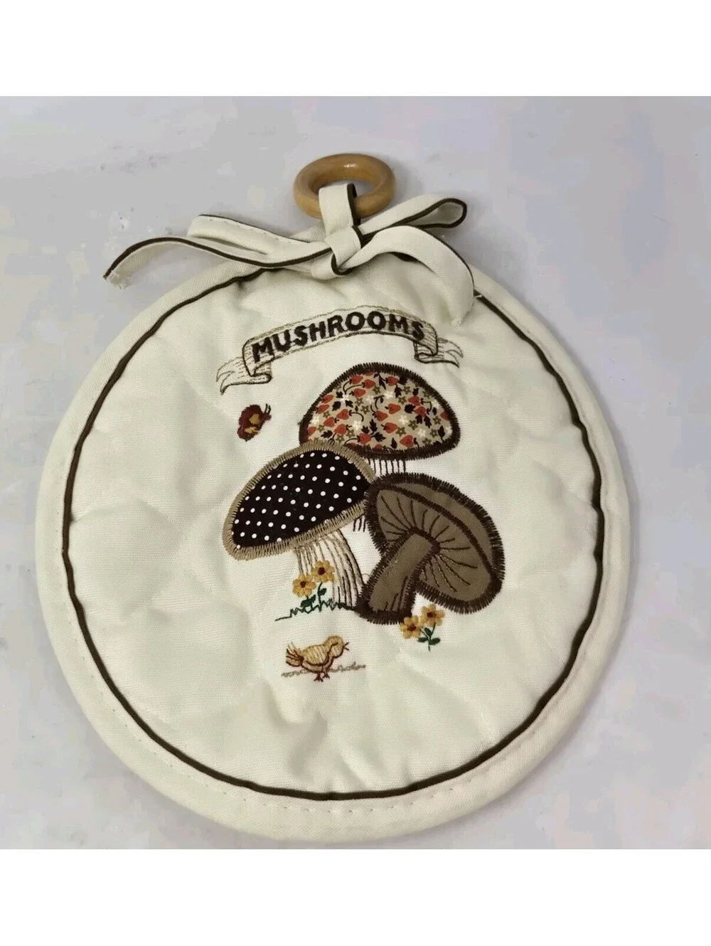 Vintage Retro 70’s Mushroom Embroidered Pot Holders Grandma Cottage Core X2